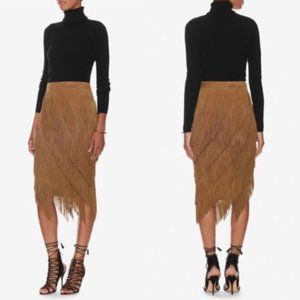 NWT - INTERMIX Suede Fringe High-Waisted Coffee-Brown Midi Skirt